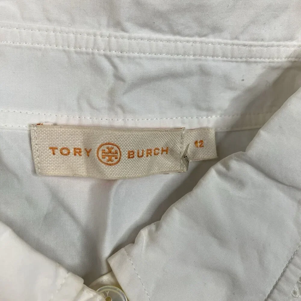 Tory Burch Shirt Dress Womens 12 White Cotton Eyelet Lace Bell Sleeve Vacation